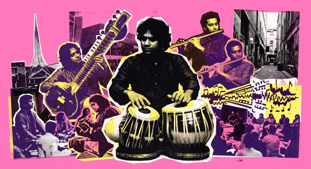 Indian classical music collage featuring Tabla, Sitar, and Flute performers in Melbourne