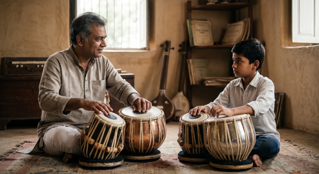 A teacher showing a young student how to play the Tabla