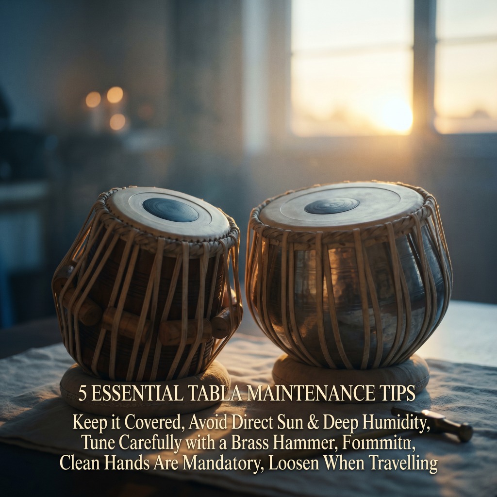 A professional Tabla set with maintenance tips summary