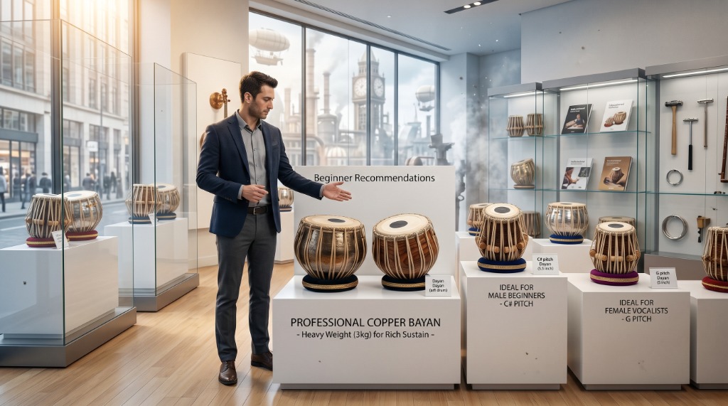 A buyer's guide showing professional copper bayan and beginner tabla recommendations