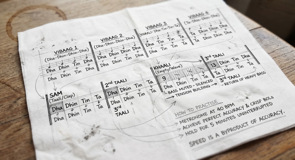 Teental rhythm structure sketched on a napkin